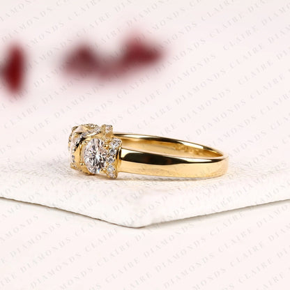 Round Cut Moissanite Diamond Engagement Ring Three Stone Gold Ring with Diamond Accents Luxury Wedding Ring for Women