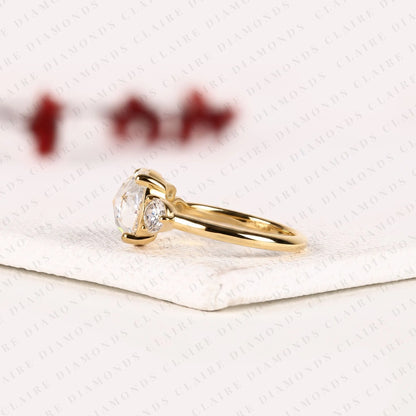 Round Rose Cut Lab Grown Diamond Ring, Unique Engagement Ring With Round & Marquise Side Stones, Floral Cluster Gold Ring