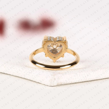 Heart Cut Moissanite Diamond Engagement Ring Gold Hidden Halo Ring Romantic Bridal Jewelry Minimalist Promise Ring.