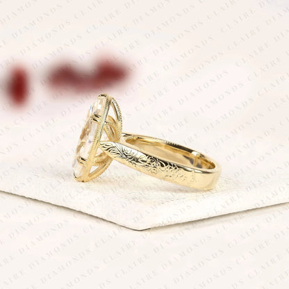 Vintage Long Oval Cut Lab Grown Diamond Engagement Ring Engraved  Solitaire Ring     Milgrain Bezel Bridal Ring Antique Inspired Wedding Ring
