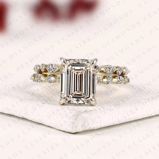 Emerald Cut Lab Grown Diamond Engagement Ring Bridal Set Ring with Pavé Diamond Band Modern Unique Bridal Jewelry