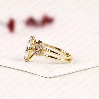 Marquise Cut Lab Grown Diamond Engagement Ring Bridal Set with Kite Cut Three Stone Ring Modern Unique Bridal Jewelry