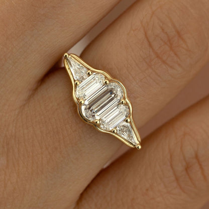 1.30 TCW Elegant Emerald Cut Multi-Stone Moissanite Diamond Ring with Trillion Side Accents in Gold Ring