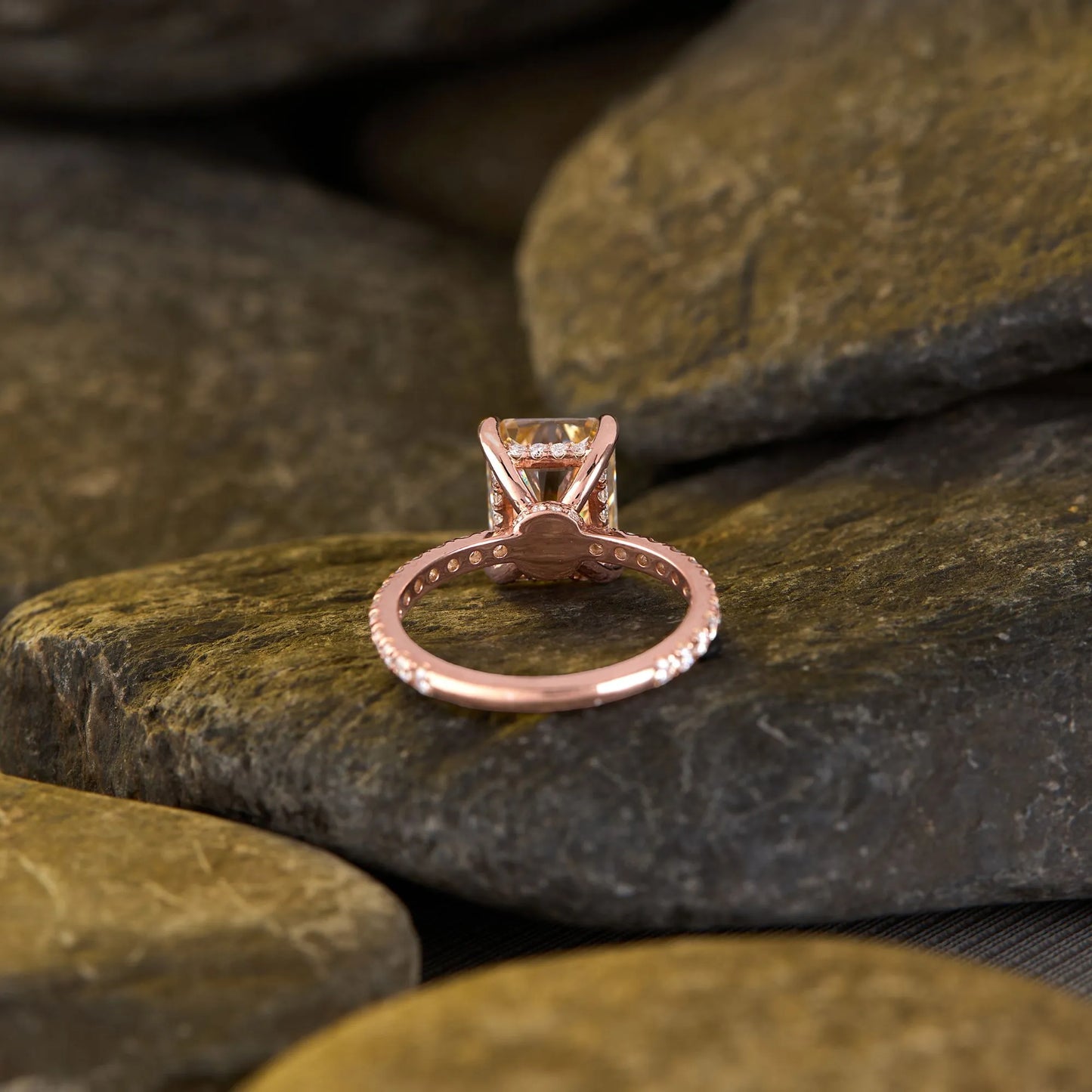 radiant cut champagne lab grown diamond solitaire engagement ring in rose gold with pavé band
