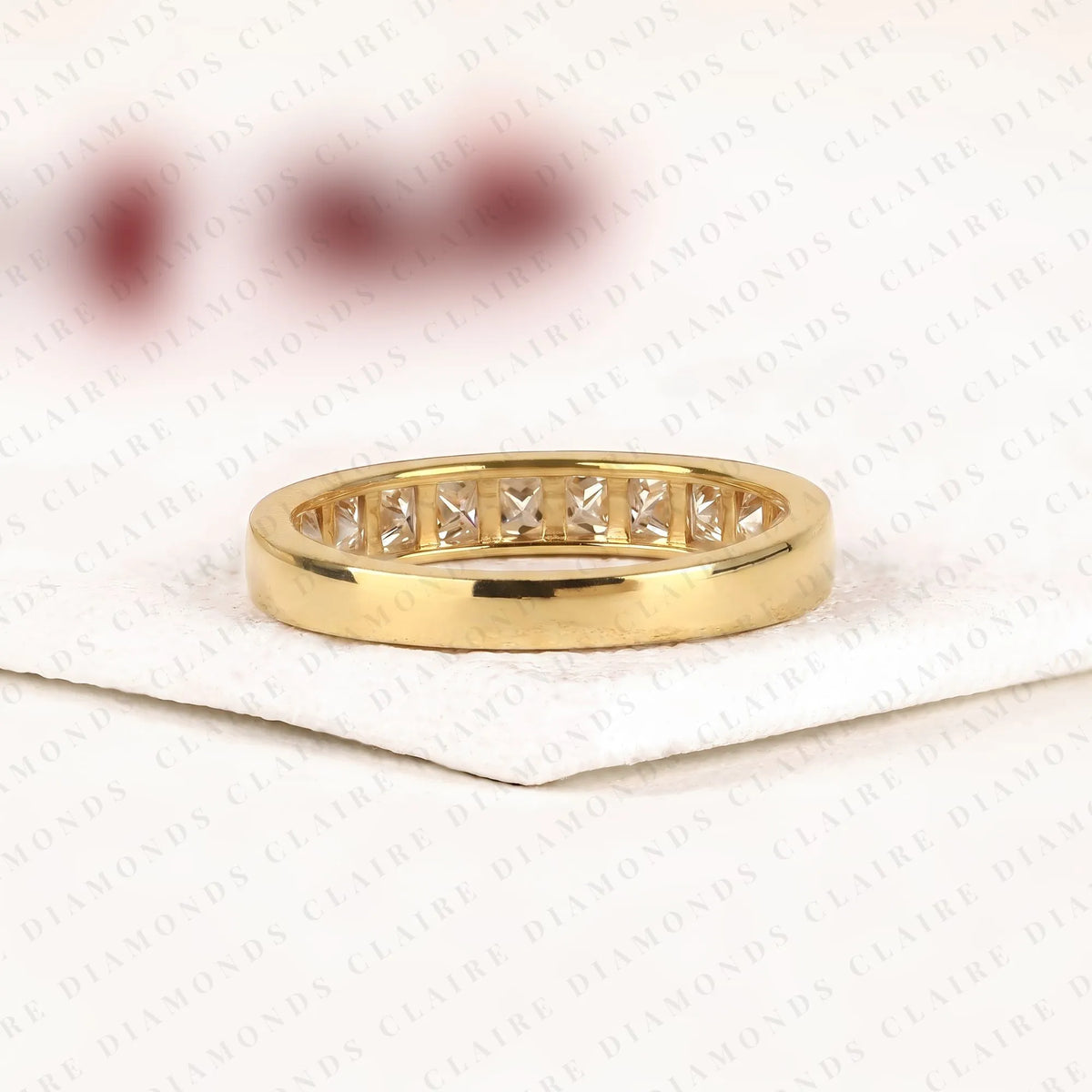1.20 tcw princess cut moissanite diamond  half eternity wedding band | channel set square diamond yellow gold wedding ring | modern eternity anniversary band | timeless bridal jewelry