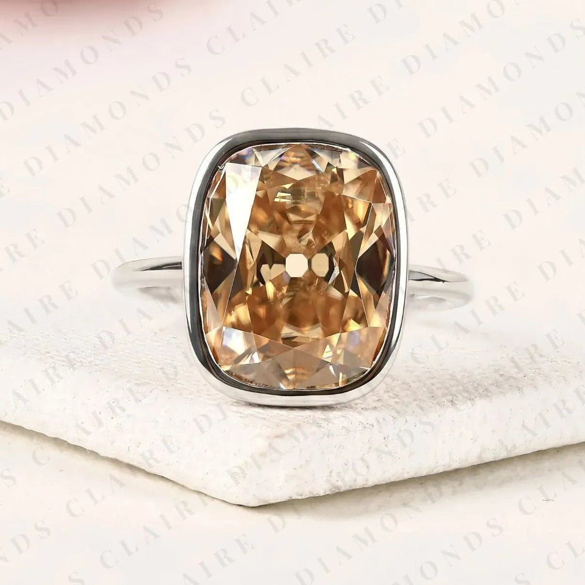 old mine elongated brown cushion cut bezel set  solitaire lab grown diamonds engagement ring – modern elegance with warm radiance