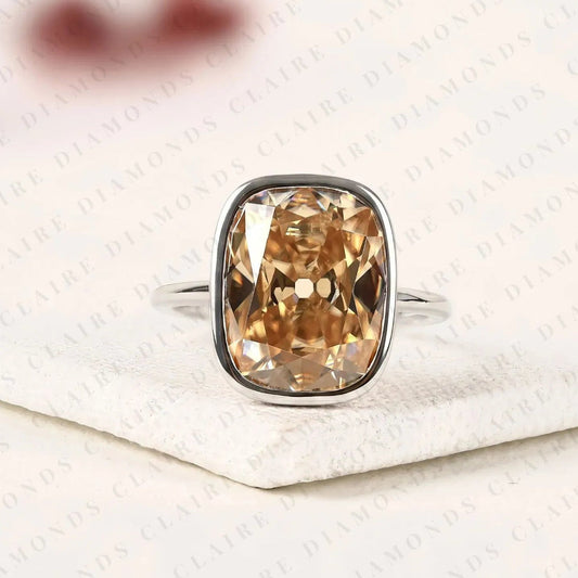 Old Mine Elongated Brown Cushion Cut Bezel Set Moissanite Diamonds Engagement Ring – Modern Elegance with Warm Radiance