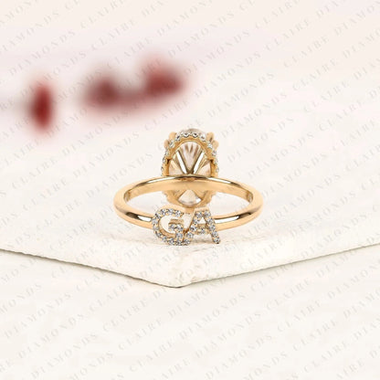 Personalized Custom Initial Oval Lab Grown Diamond Ring with Hidden Halo Setting