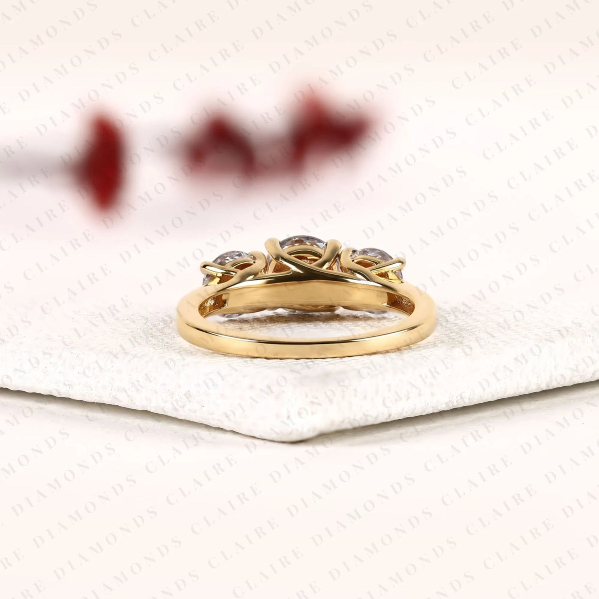 classic round cut lab grown diamond three stone engagement ring | yellow gold bridal ring | elegant wedding jewelry