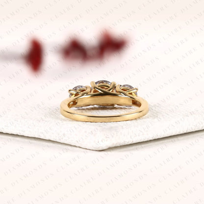 Classic Round Cut Lab Grown Diamond Three Stone Engagement Ring | Yellow Gold Bridal Ring | Elegant Wedding Jewelry