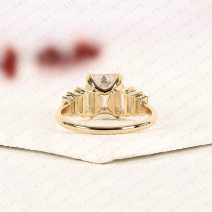 Emerald Cut Lab Grown Diamond Engagement Ring in Yellow Gold |Side Stone Baguette Diamond Wedding Ring | Luxury Anniversary Ring for Women