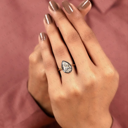 Pear Shape Lab Grown Diamond Solitaire Ring | Black Bezel Two-Tone Gold Contemporary Setting