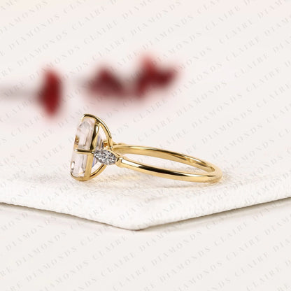 Emerald Cut Lab Grown Diamond Engagement Ring, Gold Solitaire Ring with Round Shaped Side Accents, Modern Bridal Ring, Unique Wedding Ring