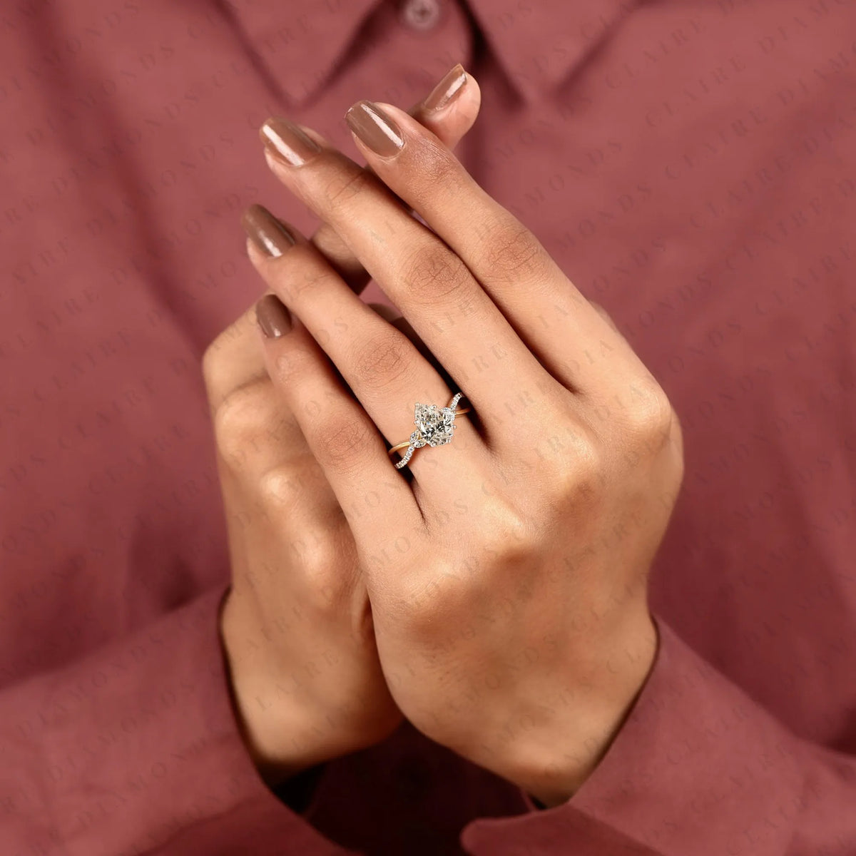 pear cut lab grown diamond engagement ring | yellow gold twisted vine pavé band | nature inspired bridal ring | elegant unique wedding jewelry