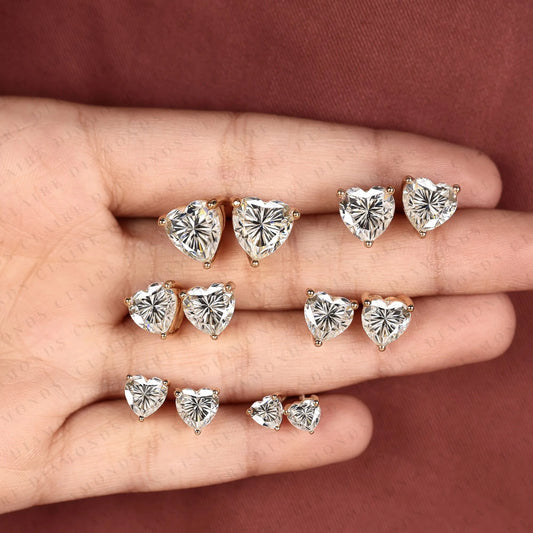 Heart Cut Moissanite Diamond Stud Earrings, Classic Prong Set Gold Earrings, Minimalist Heart Shape Diamond Studs, Elegant Bridal Jewelry