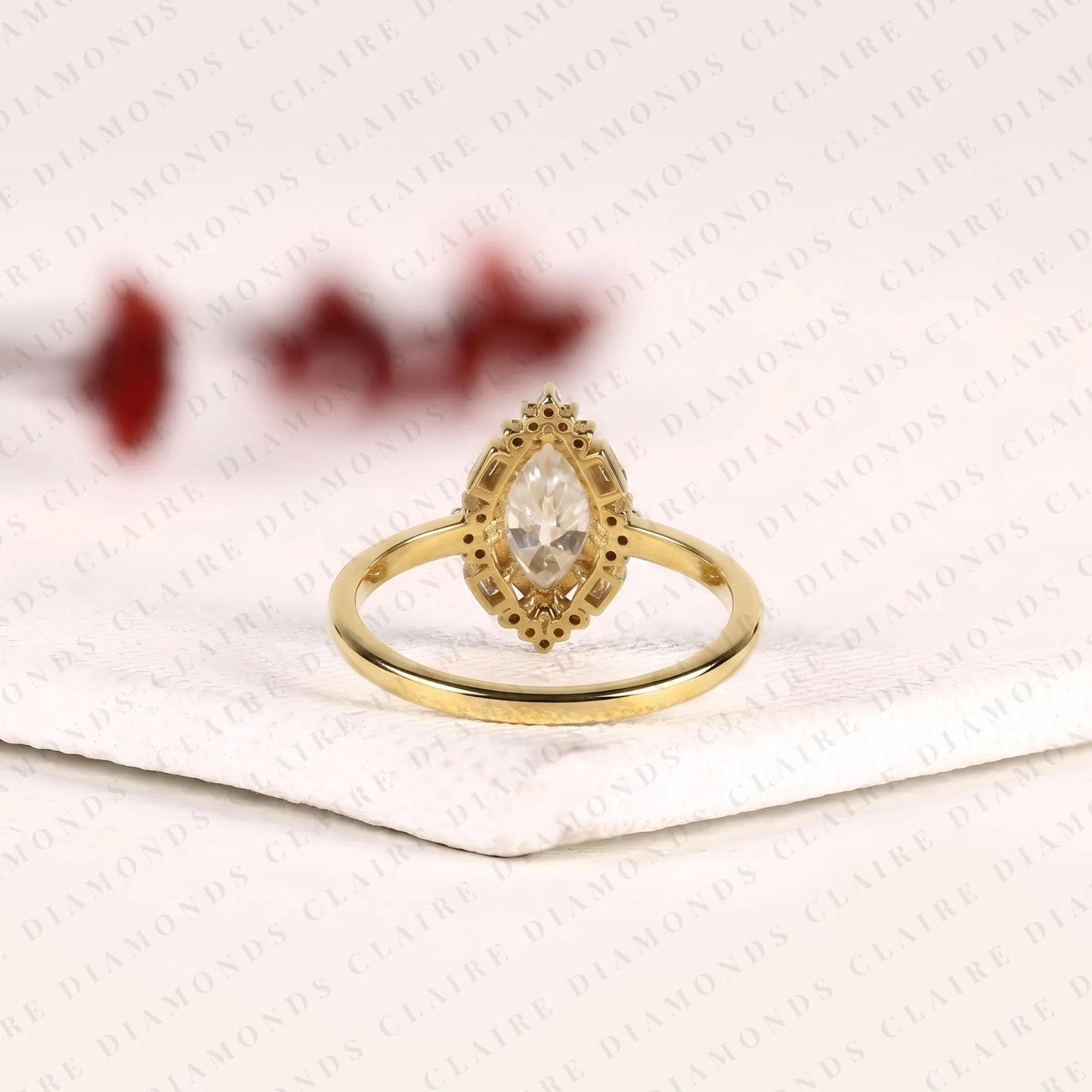 marquise cut moissanite diamond engagement ring floral halo gold vintage inspired wedding ring