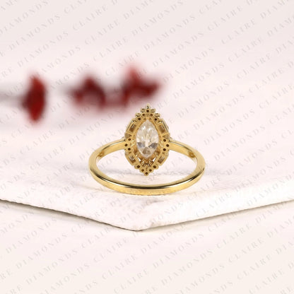 Marquise Cut Moissanite Diamond Engagement Ring Floral Halo Gold Vintage Inspired Wedding Ring
