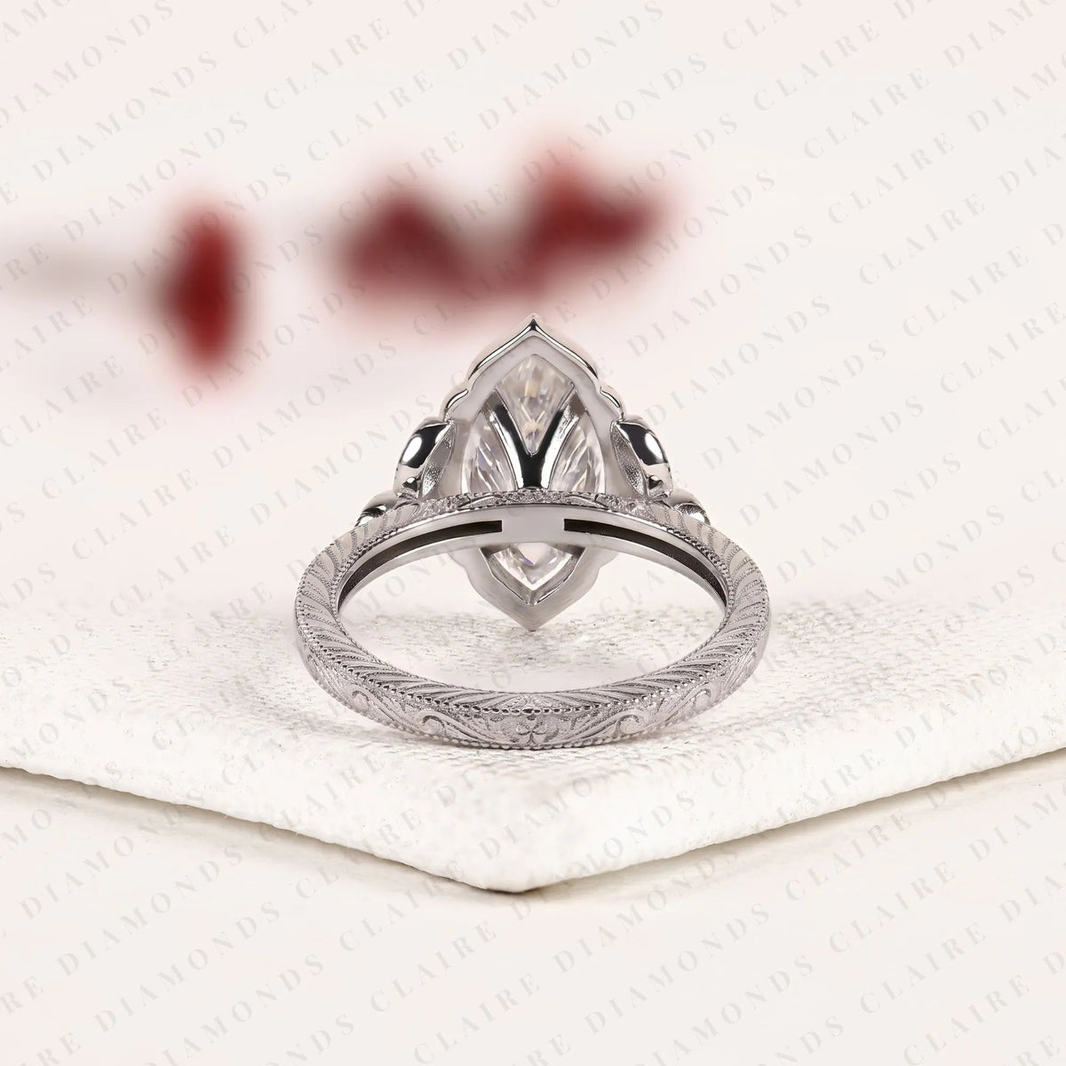 marquise cut lab grown diamond engagement ring | vintage inspired milgrain bezel & engraved white gold ring | floral diamond accent bridal ring