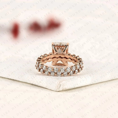 Radiant Cut Moissanite Diamond Engagement Ring Set with Pave Wedding Band in Rose Gold | Elegant Bridal Ring Set for Women
