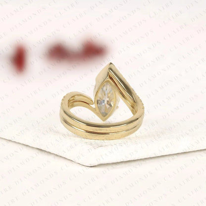 Marquise Lab Grown Diamond Bypass Ring Bezel Ring Modern Twisted Pave Bridal Ring Set