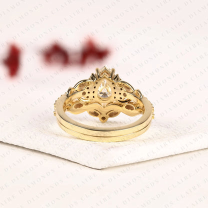 Pear Cut Moissanite Diamond Bridal Ring Set | Nature-Inspired Twisted Leaf Yellow Gold Engagement Ring