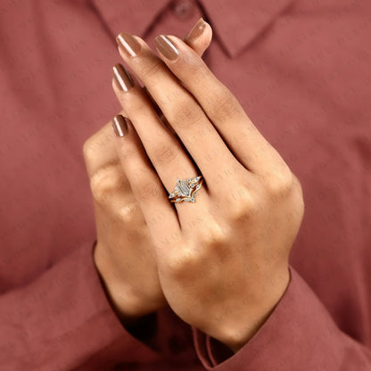 Hexagon Step Cut Lab Grown Diamond Engagement Ring | Yellow Gold Botanical Vine Band | Floral Bridal Ring Set | Unique Wedding Jewelry