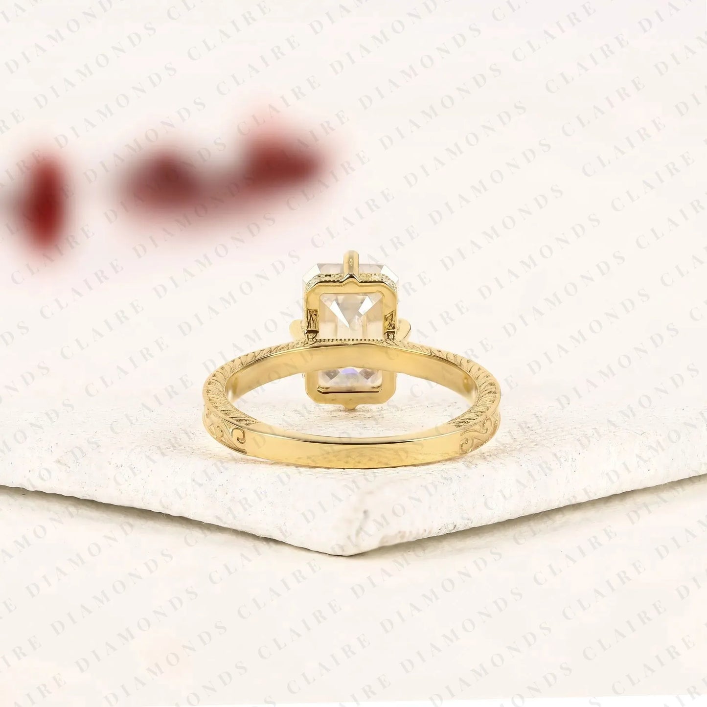 emerald cut lab grown diamond engagement ring, vintage engraved gold solitaire ring, igi certified diamond ring, unique bridal ring