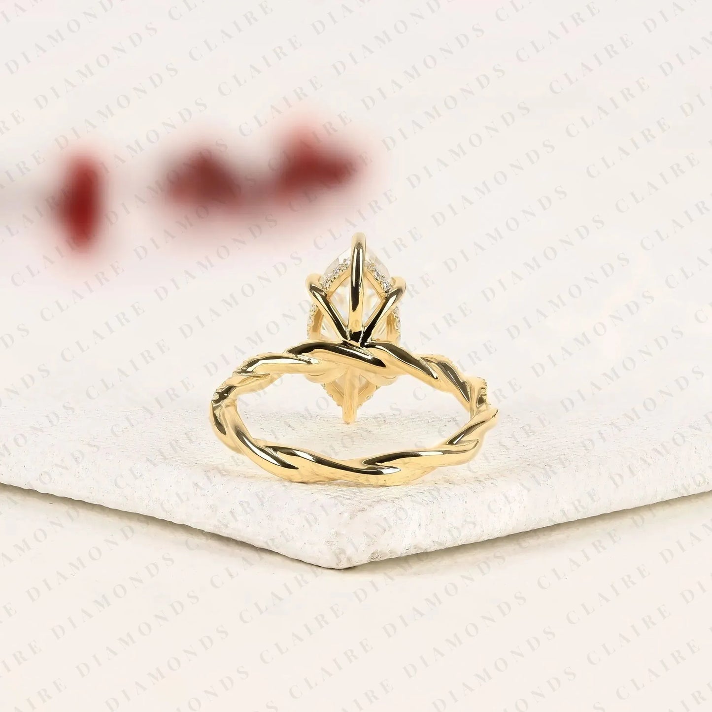 vintage-inspired marquise cut moissanite diamond engagement ring in gold – twisted pavé band solitaire ring