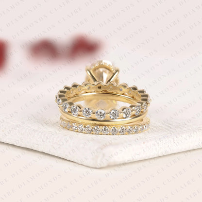 Oval Lab Grown Diamond Engagement Ring Set with Diamond Eternity & Bubble Band in Yellow Gold