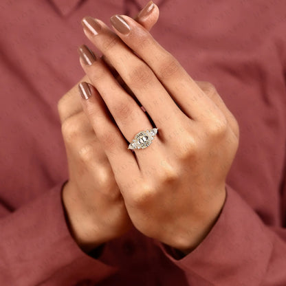 Old Mine Elongated Cushion Cut Moissanite Engagement Ring, Milgrain Bezel Setting, Pear Side Stone Halo, Yellow Gold Vintage Inspired Bridal Ring