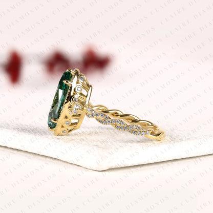 Marquise Cut Green Lab Grown Diamond Halo Engagement Ring | Twisted Vine Halo Yellow Gold Nature-Inspired Engagement Ring