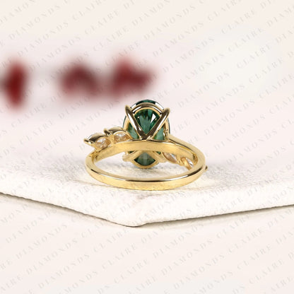 Green Oval Cut Lab Grown Diamond Ring with Marquise Side Stones, Nature Inspired Gold Engagement Ring for Women