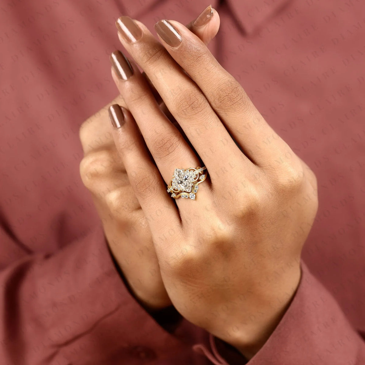 marquise cut lab grown diamond engagement ring | nature inspired floral vine gold ring | pavé bridal ring with matching wedding band