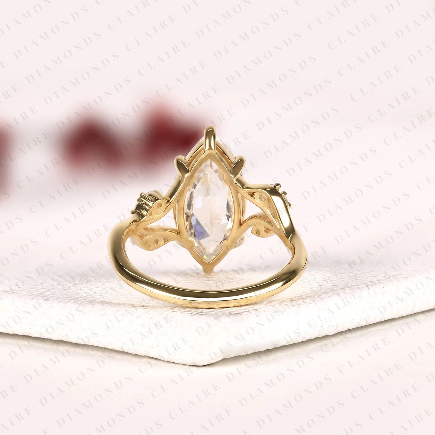 rose cut marquise lab grown diamond ring, nature inspired leaf engagement ring, unique ring