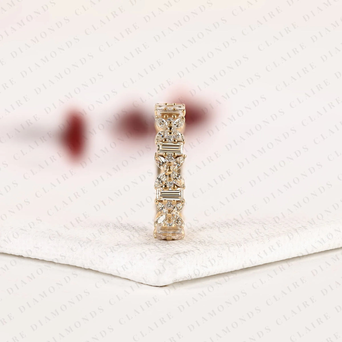 2.76 tcw mixed shape lab grown diamond eternity band | emerald cut, marquise & round diamond floral band | yellow gold full eternity wedding band