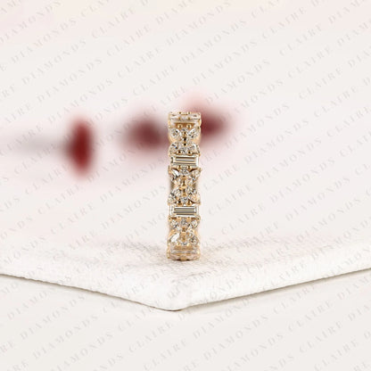 2.76 TCW Mixed Shape Lab Grown Diamond Eternity Band | Emerald Cut, Marquise & Round Diamond Floral Band | Yellow Gold Full Eternity Wedding Band