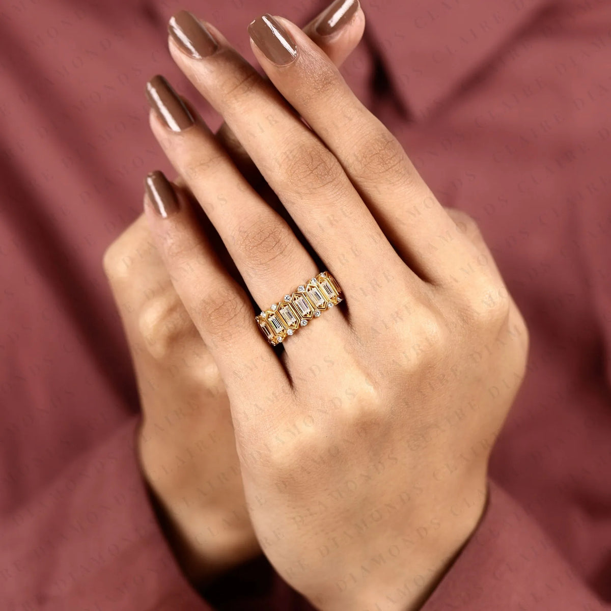 emerald cut lab grown diamond eternity band | vintage-inspired geometric gold wedding band | eternity anniversary band
