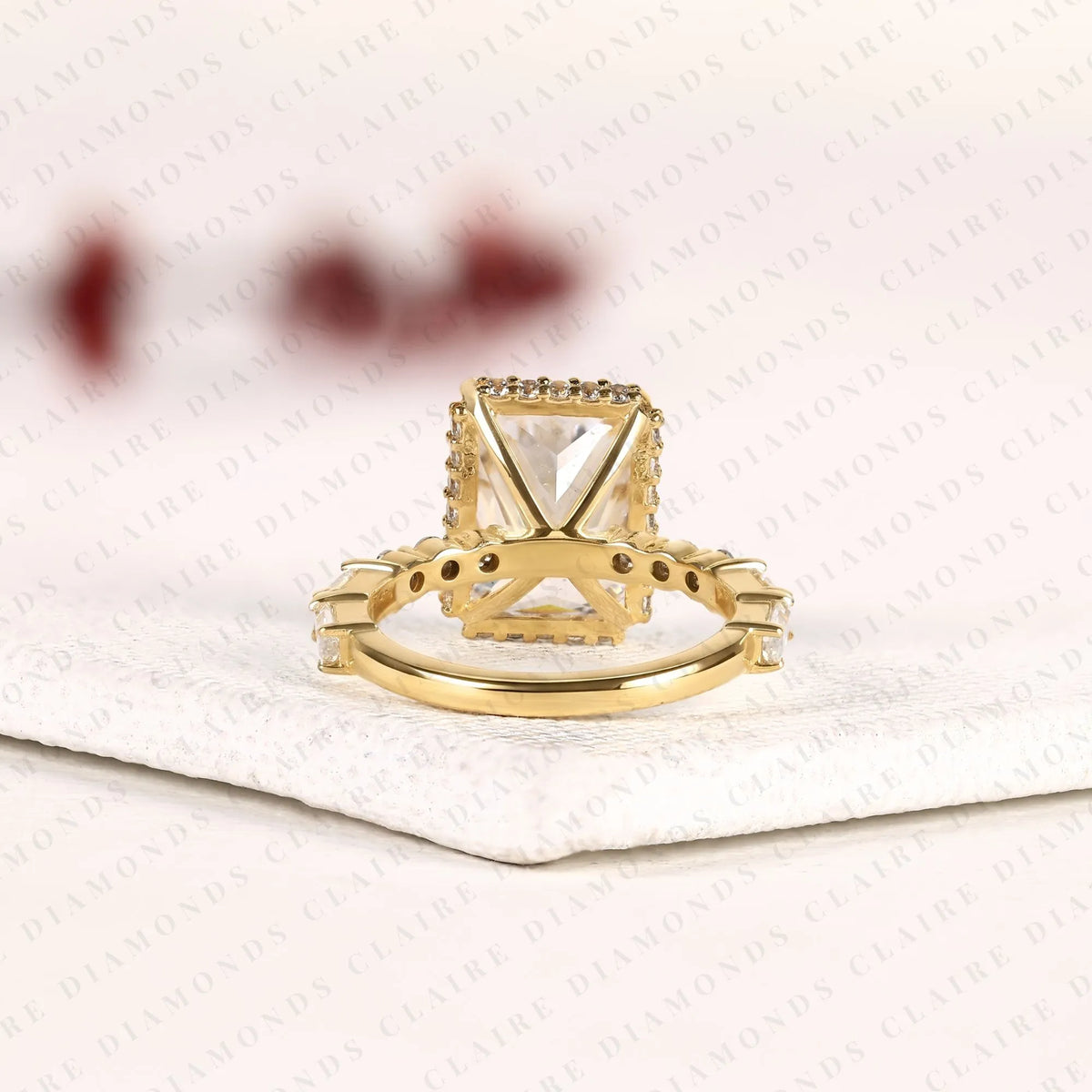 emerald cut lab grown diamond engagement ring | yellow gold pavé side stone ring | elegant modern bridal jewelry