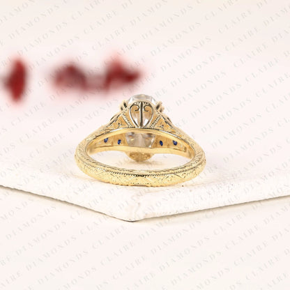Oval Cut Lab Grown Diamond Engagement Ring | Vintage Art Deco Sapphire & Diamond Yellow Gold Ring