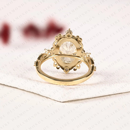 Oval Lab Grown Diamond Engagement Ring, Vintage Style Gold Wedding Ring, Art Deco Ring, Unique Anniversary Ring for Women