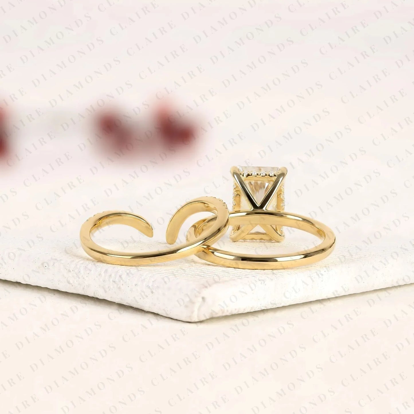 radiant cut moissanite diamond bridal ring set | matching chevron wedding band engagement ring
