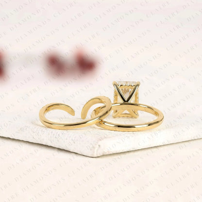 Radiant Cut Moissanite Diamond Bridal Ring Set | Matching Chevron Wedding Band Engagement Ring