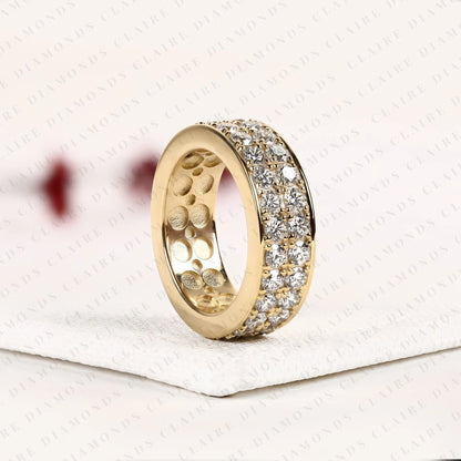 Round Cut Lab Grown Diamond Eternity Wedding Band | Double Row Pave Diamond Wedding Ring | Yellow Gold Full Eternity Anniversary Band | Luxury Jewelry