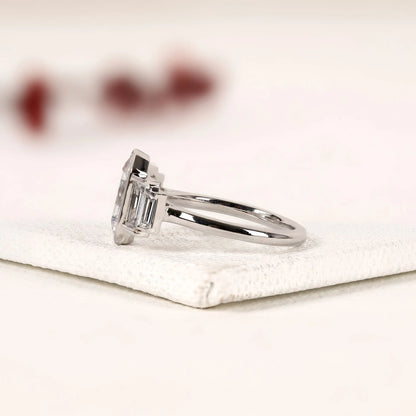 Emerald Cut Three Stone Lab Grown Diamond Engagement Ring Bezel Set Emerald Diamond Ring with Tapered Baguette Side Stones Luxury Bridal Ring