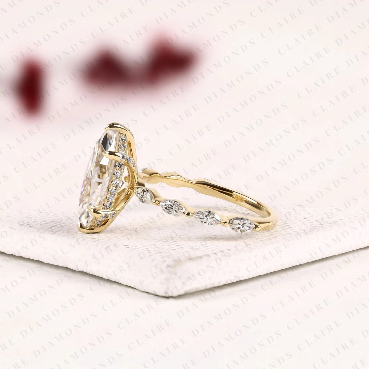 marquise cut lab grown diamond engagement ring | floral inspired diamond side stone ring | yellow gold bridal ring | elegant nature inspired wedding jewelry
