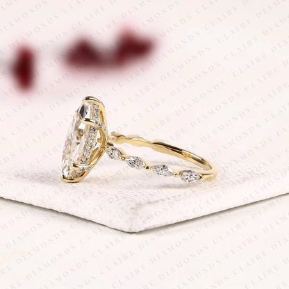 Marquise Cut Lab Grown Diamond Engagement Ring | Floral Inspired Diamond Side Stone Ring | Yellow Gold Bridal Ring | Elegant Nature Inspired Wedding Jewelry