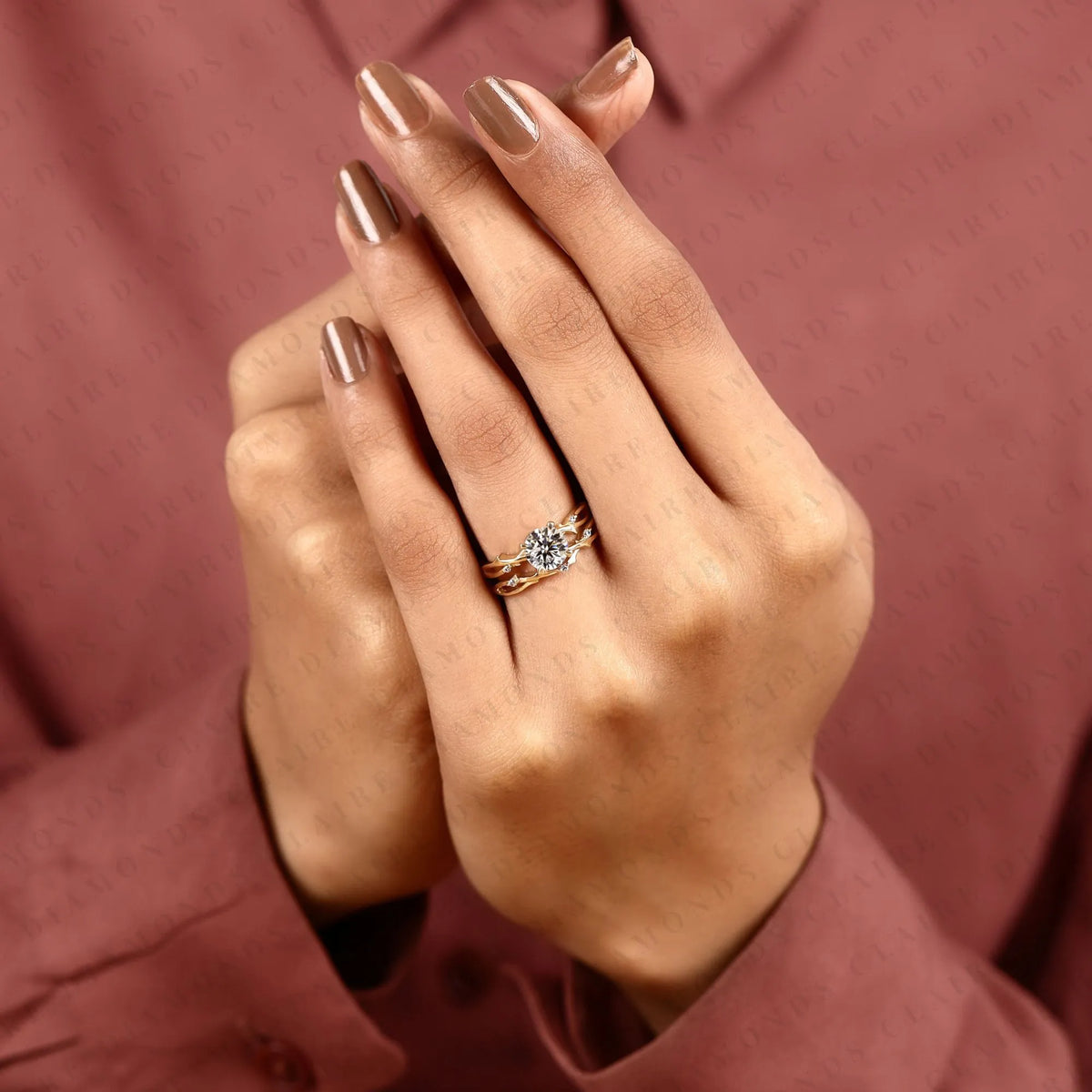 round cut lab grown diamond bridal ring set | yellow gold botanical vine band | nature inspired floral bridal ring | unique modern wedding jewelry