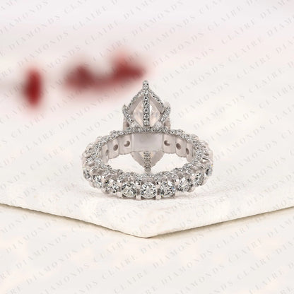 Marquise Cut Lab Grown Diamond Engagement Ring, Pavé Diamond Band, Elegant White Gold Bridal Ring, Unique Halo Ring