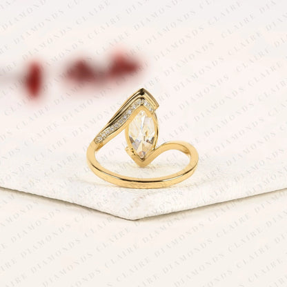 Elegant Marquise Cut Moissanite Diamond Bypass Engagement Ring in 14K Yellow Gold Modern Solitaire Bridal Ring
