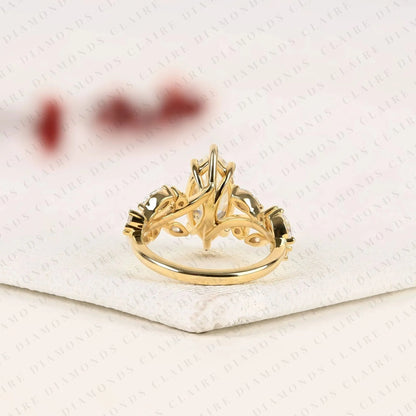 Marquise Cut Nature Inspired Moissanite Diamonds Engagement Ring | Leaf Vine Lab Grown Diamond Ring in Gold | Floral Marquise Solitaire Ring | Vintage Botanical Bridal Jewelry